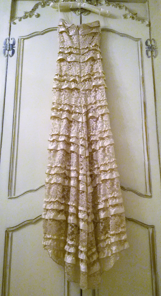 NEW JESSICA McCLINTOCK LACE DRESS Embellished Gold Satin Lined Ribbon Strapless Maxi Long Gown PROM