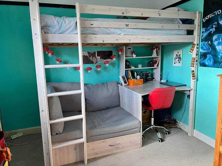Two high sleeper bunk beds with desk and trundle bed