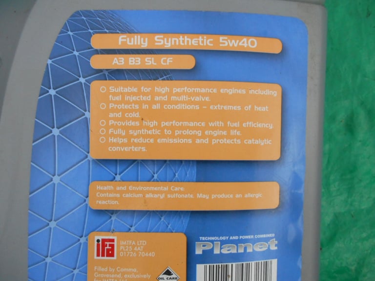 Engine Oil 5W40 Fully Synthetic A3 B3 SL CF Planet 4L. High Performance Car / Van