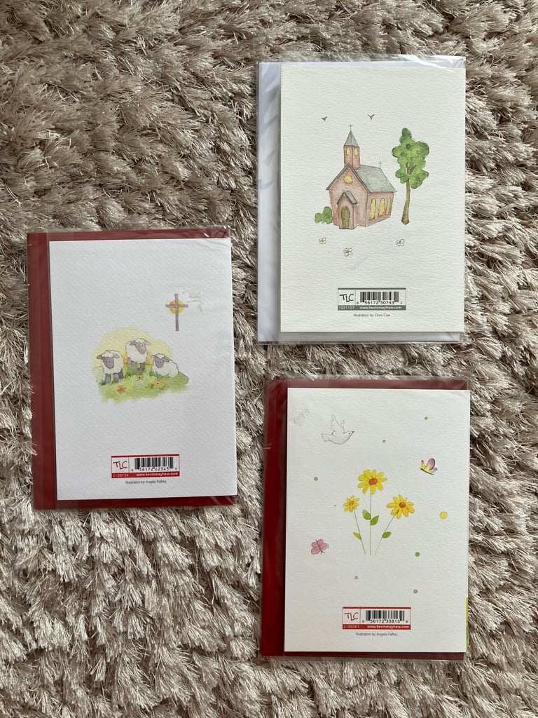 On your Dedication cards set of 3, with envelopes. Church Dove flowers cross sheep