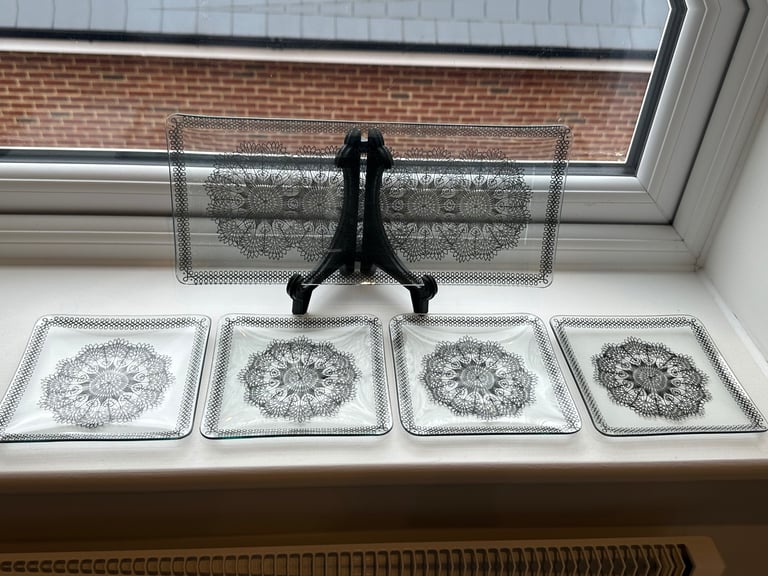 Vintage Chance Bothers Black Glass Rectangular Dish with 'Lace' Design Early 1950s