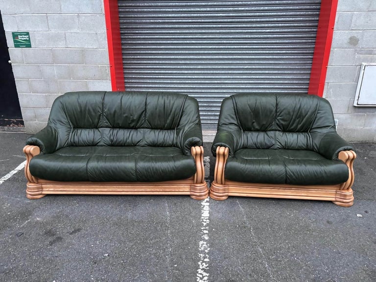 image for Oak Frame Green Leather 2 and 3 Seater Sofas 
