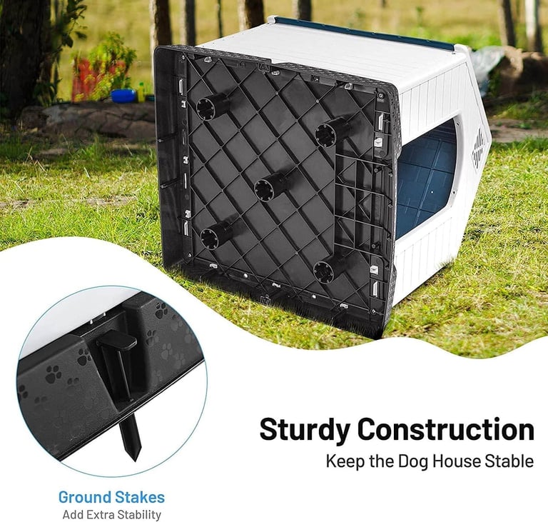 Large Dog Kennel House Durable Plastic Outdoor Indoor Blue White Shelter Pet Home
