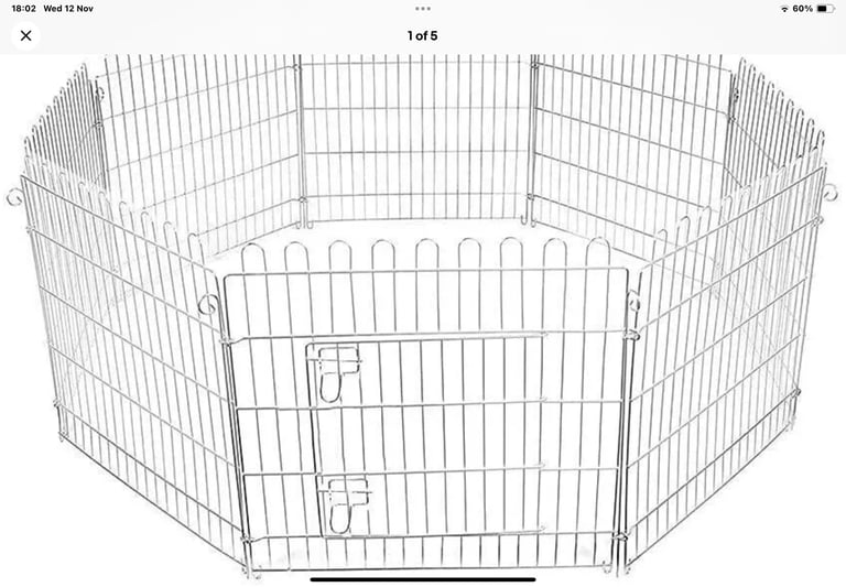 New pet enclosure, cage, crate, silver metal, indoor or outdoor, puppy, training, with door