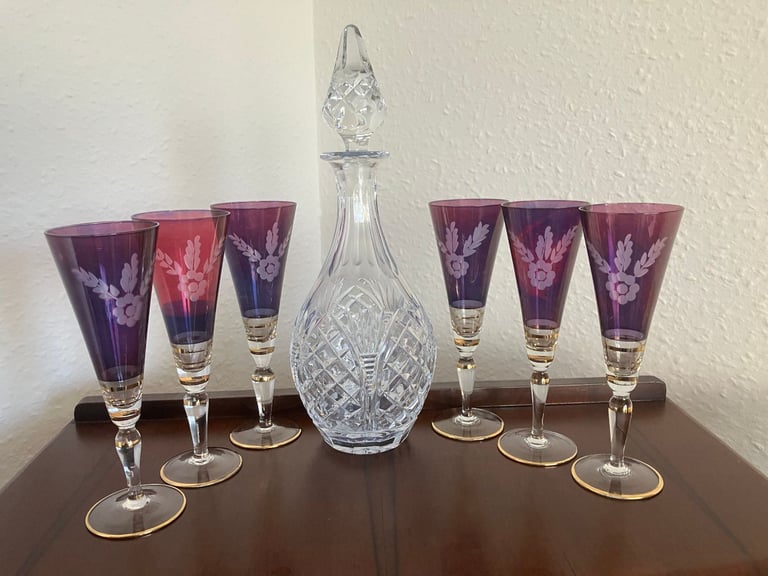image for Heavy glass decanter and six vintage wine glasses.