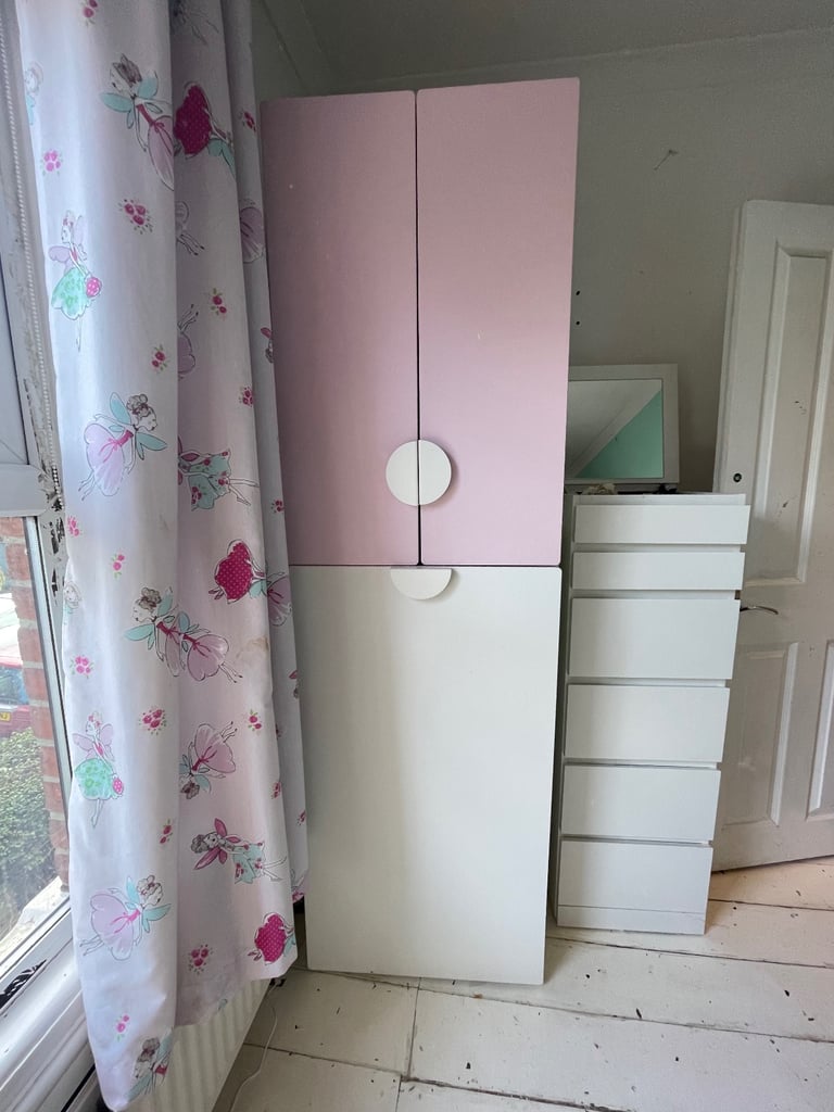 image for IKEA SMÅSTAD Kids Children’s Wardrobe – White & Pink with Shelves and Pull-Out Hanging Rail