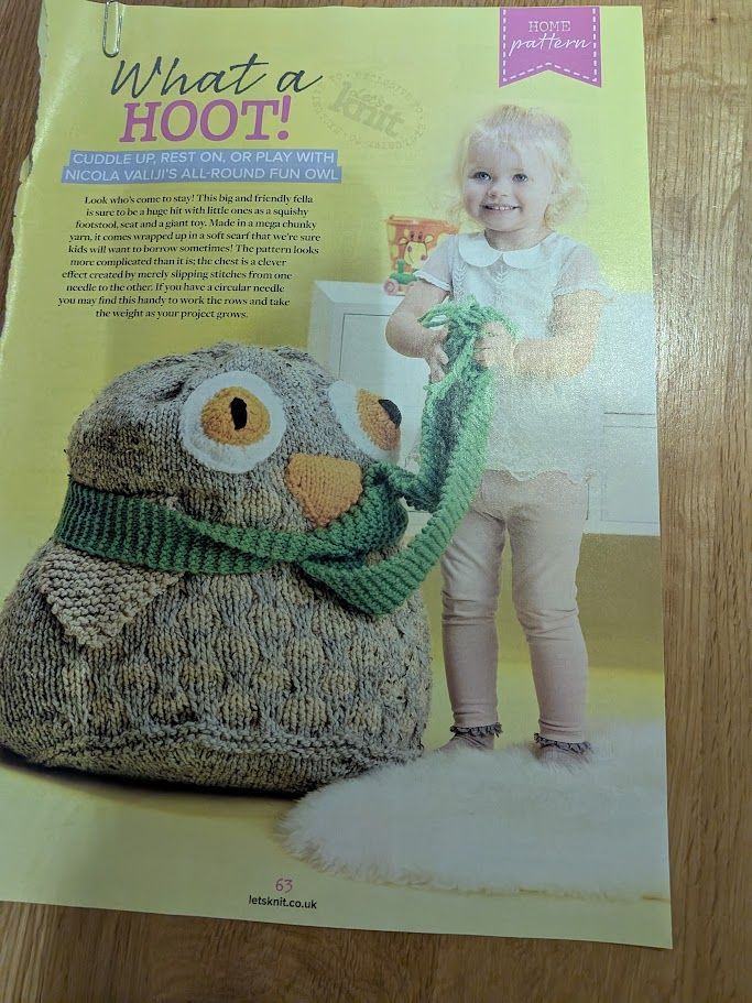 image for Gaint Owl Cushion Knitting Pattern. 
