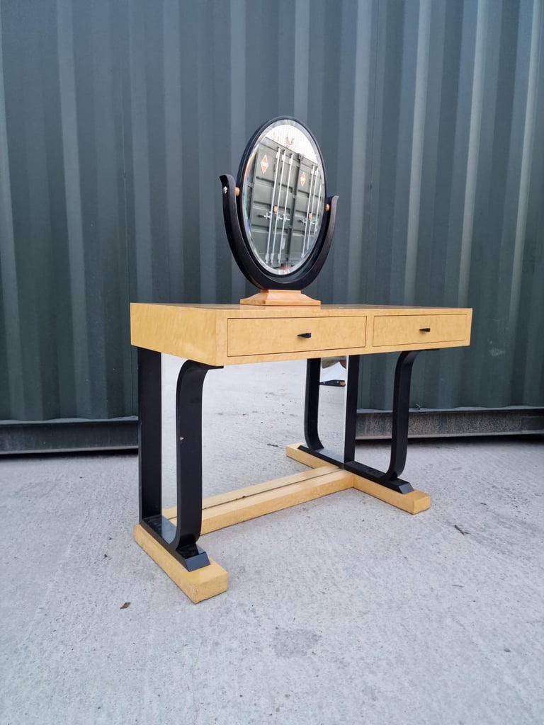 image for Art Deco Style Maple Console Dressing Table With Freestanding Mirror