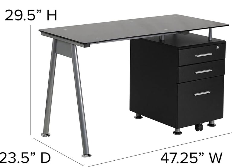 image for COMPUTER DESK METAL/BLACK GLASS TOP SILVER FRAME ORIGINAL RRP £298