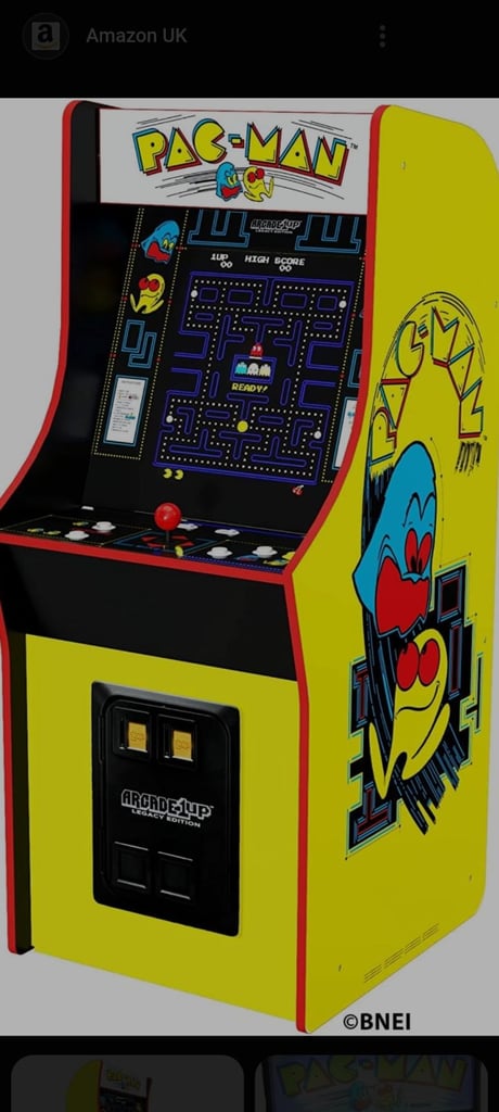 1up pac man arcade machine with stool 