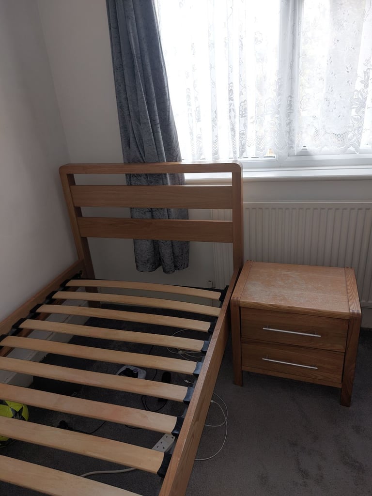 Real pine wood single bed with bedside and mattress 
