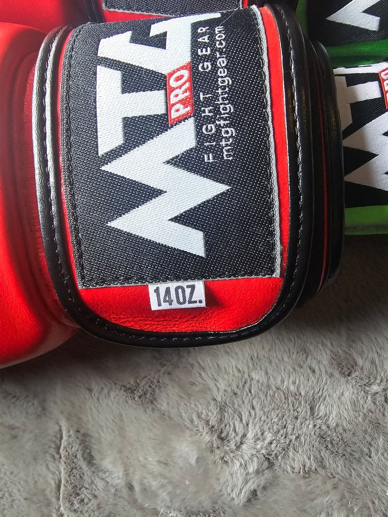14oz MTG Pro Red Velcro Boxing Gloves, Wrist wraps and shin pad