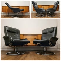 Retro Swivel/Recliner Lounge Easy Chair - Black Leatherette - Mid Century Danish G-Plan Era