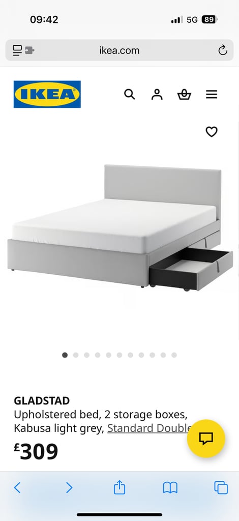  GLADSTAD Upholstered bed, 2 storage boxes, Kabusa light grey, Standard Doub