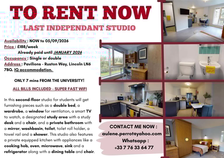 IQ Accomodation - 188/weeks - Fully Furnished - All bills included - LAST INDEPENDANT STUDIO