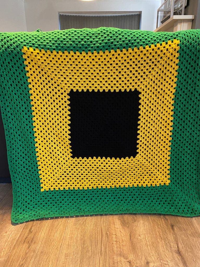 New handmade crochet blanket/throw  aprox 40 inches square Jamaican flag colours