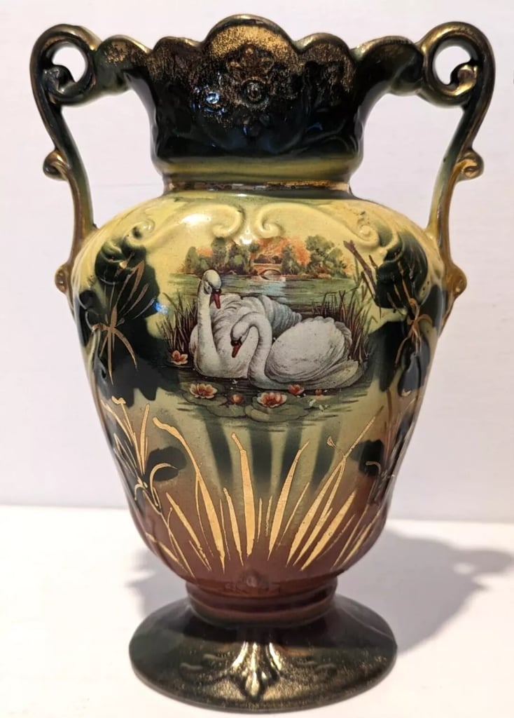 Antique Pair Of Victorian Ornate Mantle Vases - Swan / Swans Scene