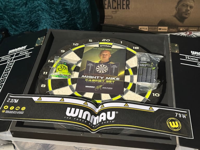 (Brand New) WINMAU Michael Van Gerwen MVG Dartboard With Cabinet, Darts and Accessories