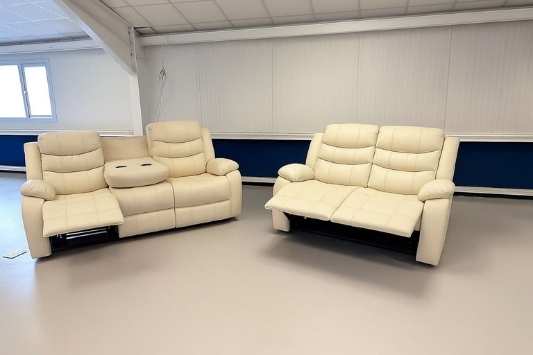 😍 Roma Recliner 3+2 Seater – Stunning Cream Leather, Premium Feel 💫 Flat 25% Off 🏡 **