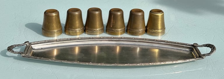 ANTIQUE FRENCH HUNTING SHOT CUP SET OF SIX STIRRUP CUPS & TRAY - 1900s - WILL POST!