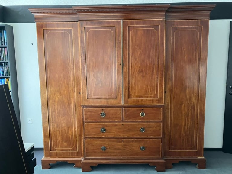 image for Victorian mahogany inlaid breakfront triple wardrobe - rare