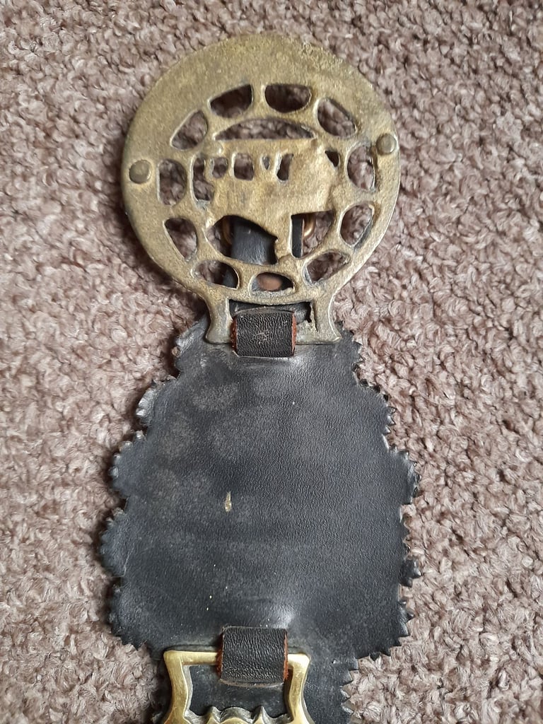 5 Vintage & Antique Brass Horse medallions on leather strap - bridle decoration