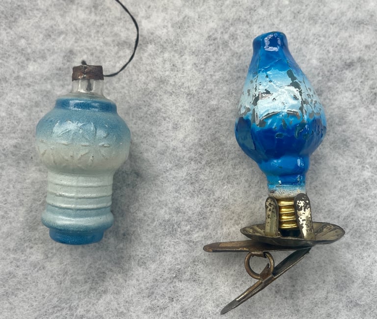 2 Rare Vintage Glass Figural Blue Lantern Christmas Light Bulbs Tree Decorations