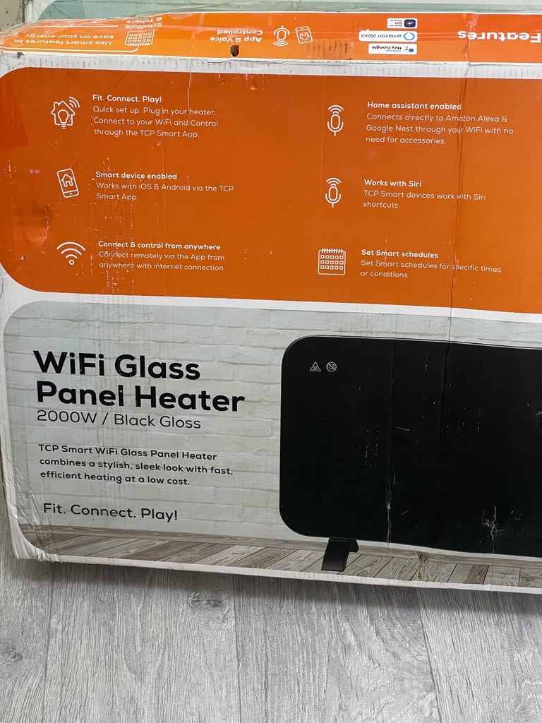 TCP Smart Glass Panel Heater 2000w Black with App, WiFi, 2 Heat Modes, Voice Control works 