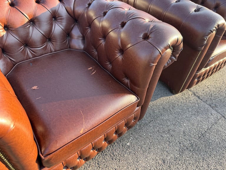 image for Pair of chesterfield faux brown leather club armchairs 
