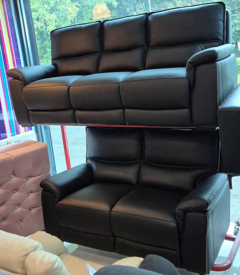 image for Black Genuine Leather 3+2 Seater Sofa Set New 