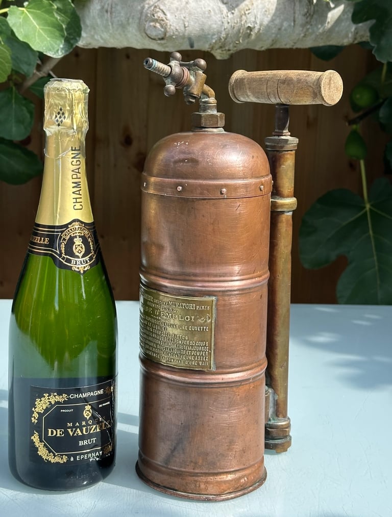 ANTIQUE FRENCH COPPER VINE SPRAYER, MURATORI PARIS GARDEN SPRAYER, H34cm - 1900s - WILL POST!