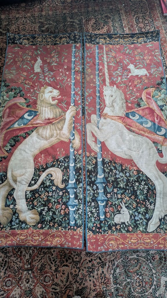 Cluny Lion & Unicorn Tapestry Wall Hangings | Antique Medieval Art Set