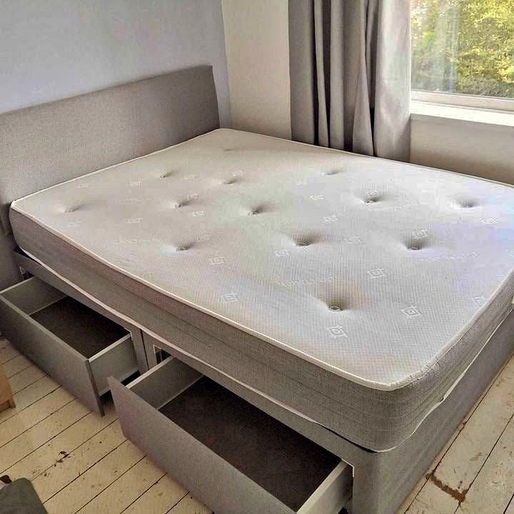 double velvet fabric bed with base and headboard and memory foam mattress