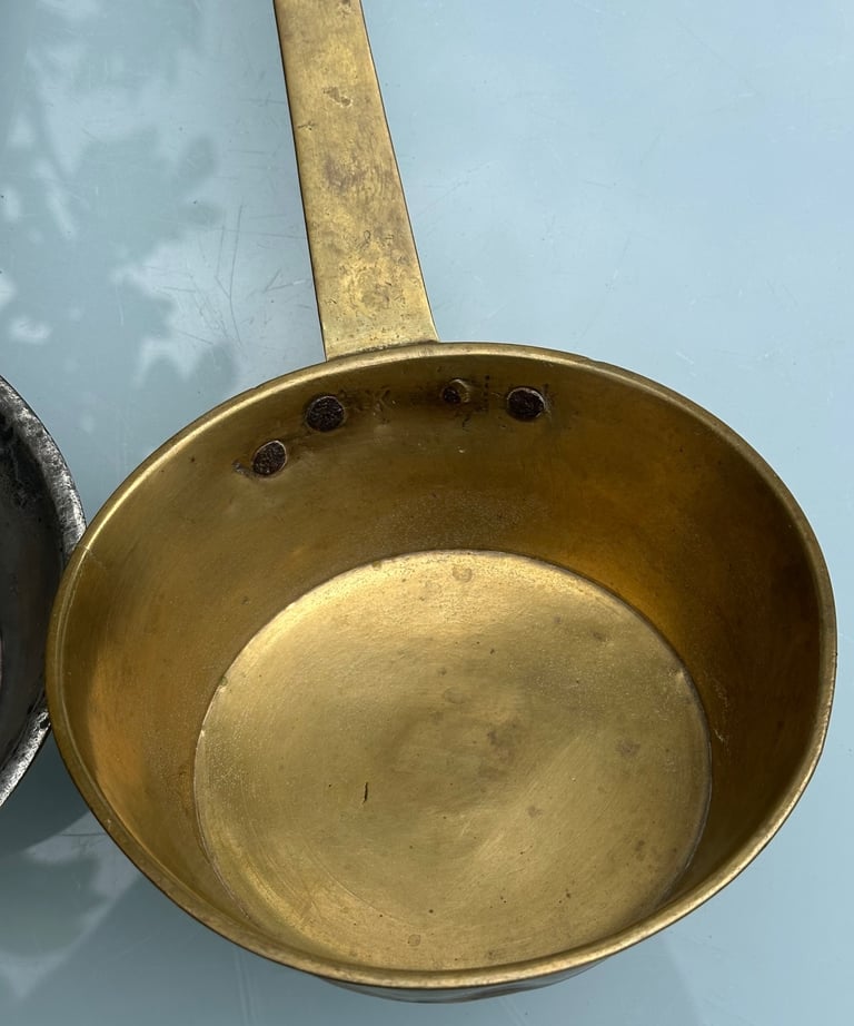 ANTIQUE FRENCH BRASS LADLES, HANGING DIPPERS, LOUCHES, L38cm - 1800s KITCHENALIA - WILL POST!
