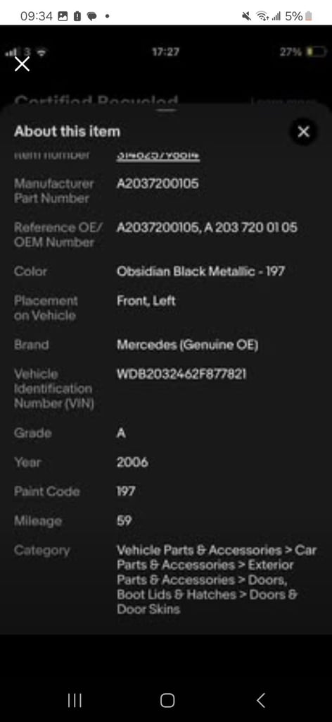 Mercedes w203 door front  obsidian left black metallic -197