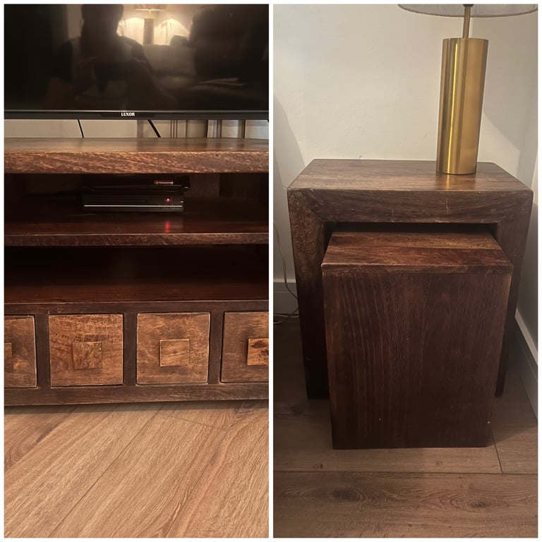 image for Solid wood corner tv unit and cube table set 