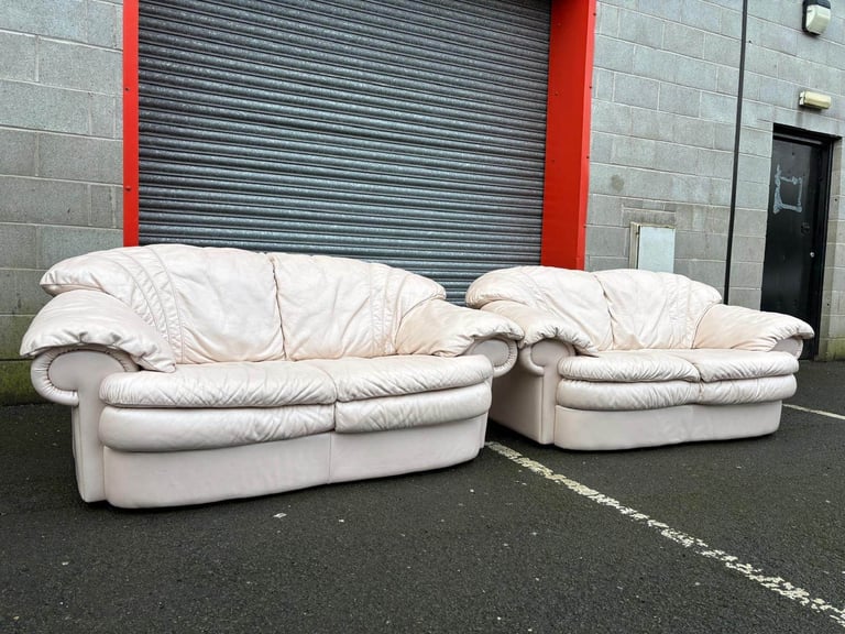 Cream Leather 2 and 2 Seater Sofas 
