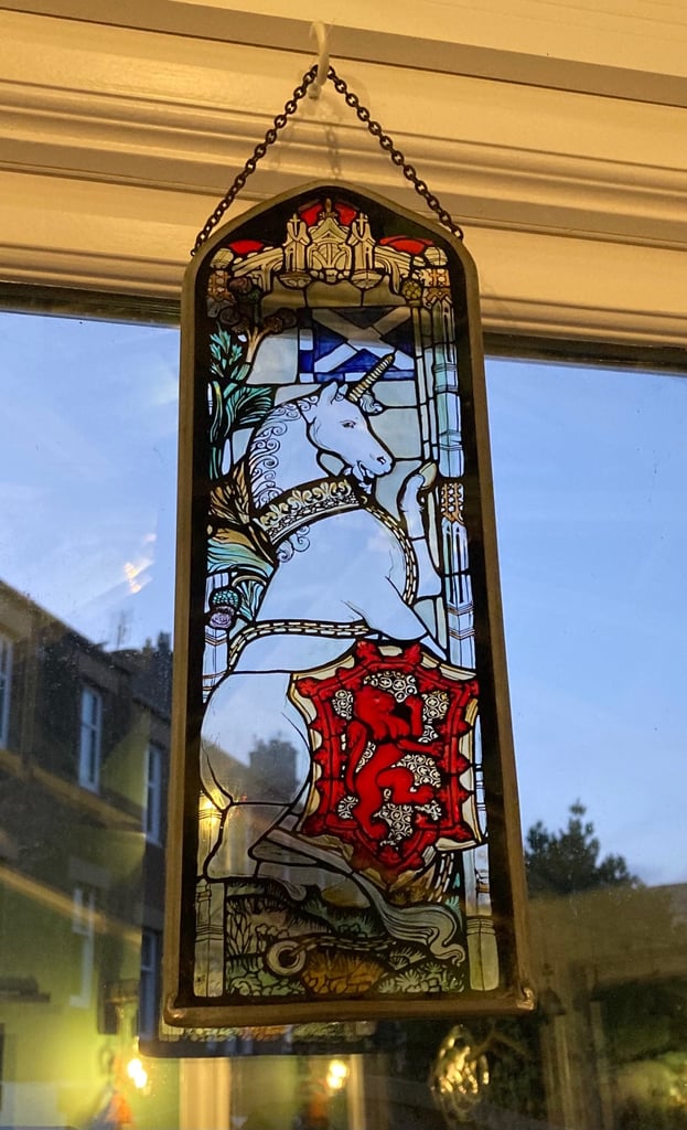 image for Hanging stained glass window ornament Scottish unicorn design