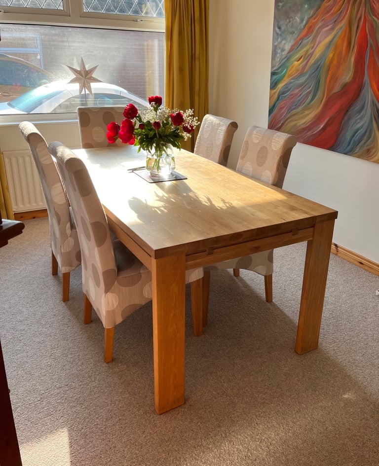 image for Solid Oak Extending  8 seater Dining Table  with Matching Oak Chairs- fabric covers Like New