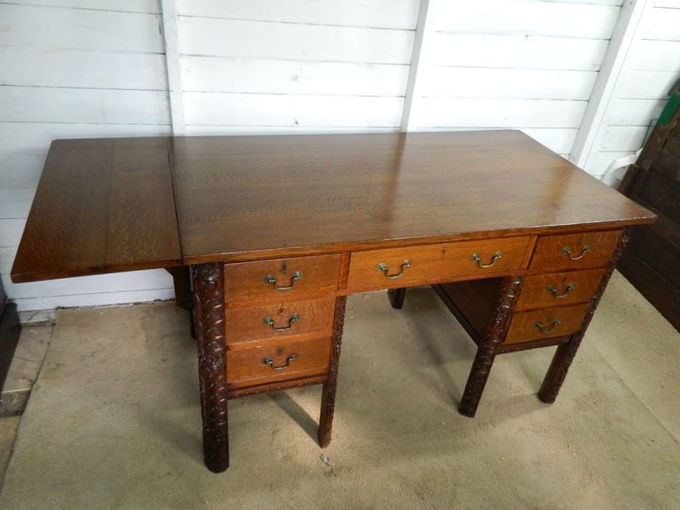 Solid Oak Heavily Carved Pedestal desk