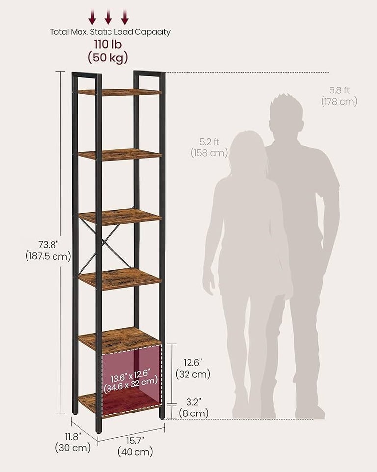 VASAGLE 6-Tier Rustic Brown & Black Bookshelf – Brand New
