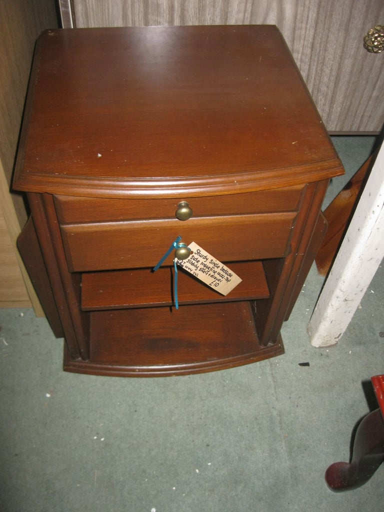 image for STURDY SINGLE BEDSIDE CABINET. TOP SHELF, DRAWER, OUTER MAG RACK. 