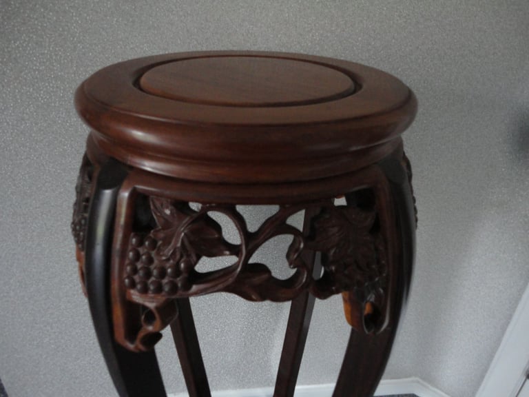 Asian hardwood chinoiserie, hand carved plant pot pedestal table, round wooden top