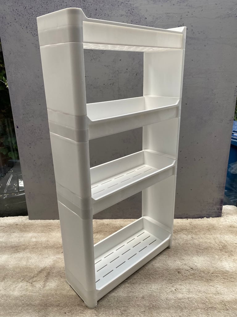 image for White 4 tier storage organisation shelved tower on wheels bathroom caddy kitchen bedroom study