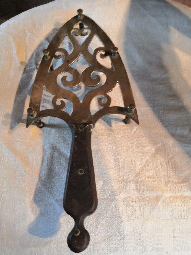 Antique/Vintage Wood & Solid Brass Iron Shape Stand/Trivet - Decor