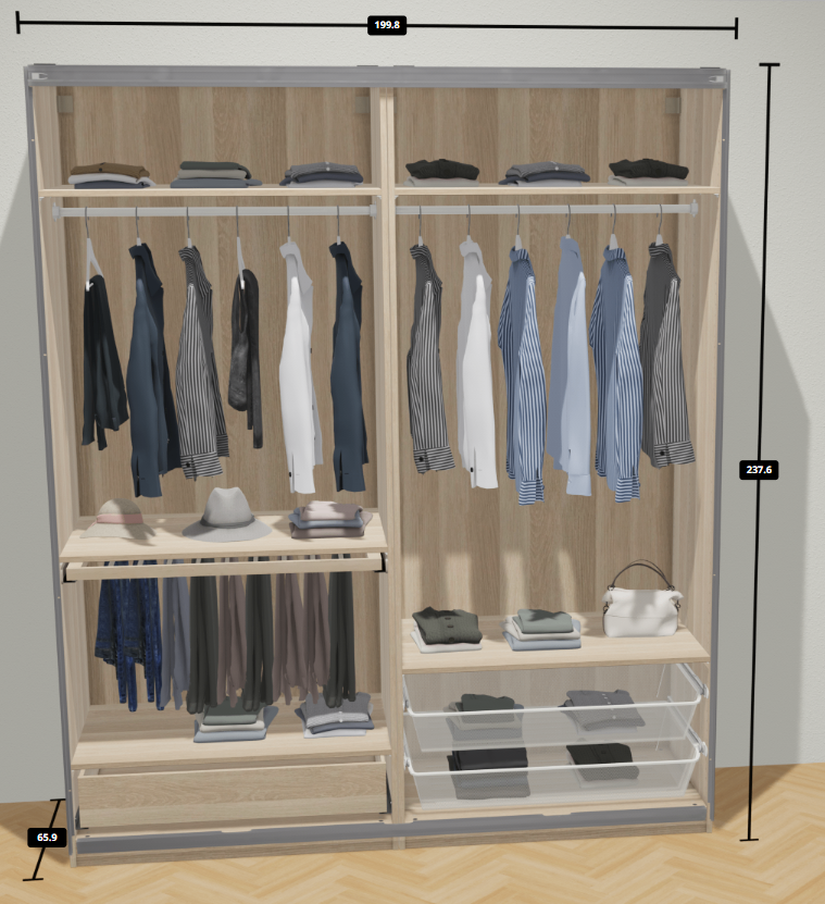 LARGE IKEA PAX White Oak Wardrobe, 2 Hang Rail, 5 Shelf & 3 wire drawers, 200x236 FREE DELIVERY 038