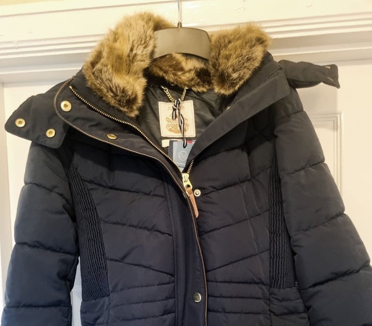 Womens joules coat hooded faux fur longline size UK 8 Small RRP £199