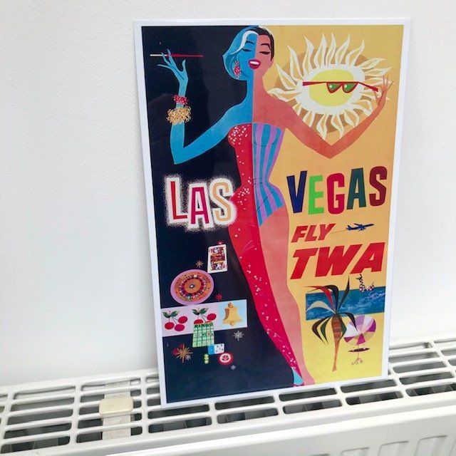 VINTAGE LAS VEGAS TRAVEL POSTER, FLY TWA 1950S, METAL PLAQUE