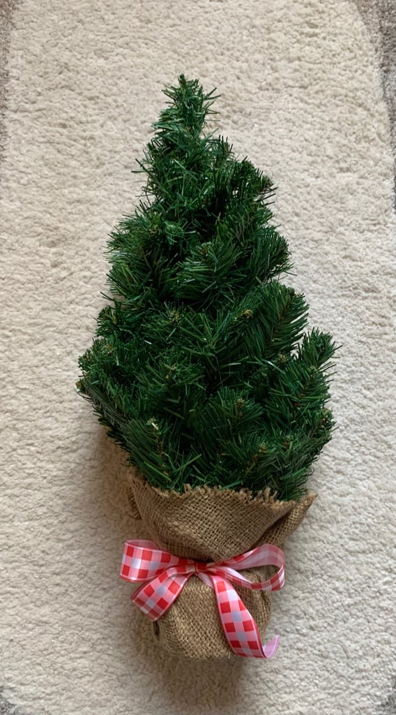 image for Artificial Small Green Christmas Tree on Log Base with Red Bow, 17 inches High, Never Used,  £10