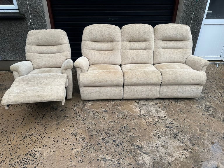 Sand fabric electric reclining chair & 3 seater sofa 